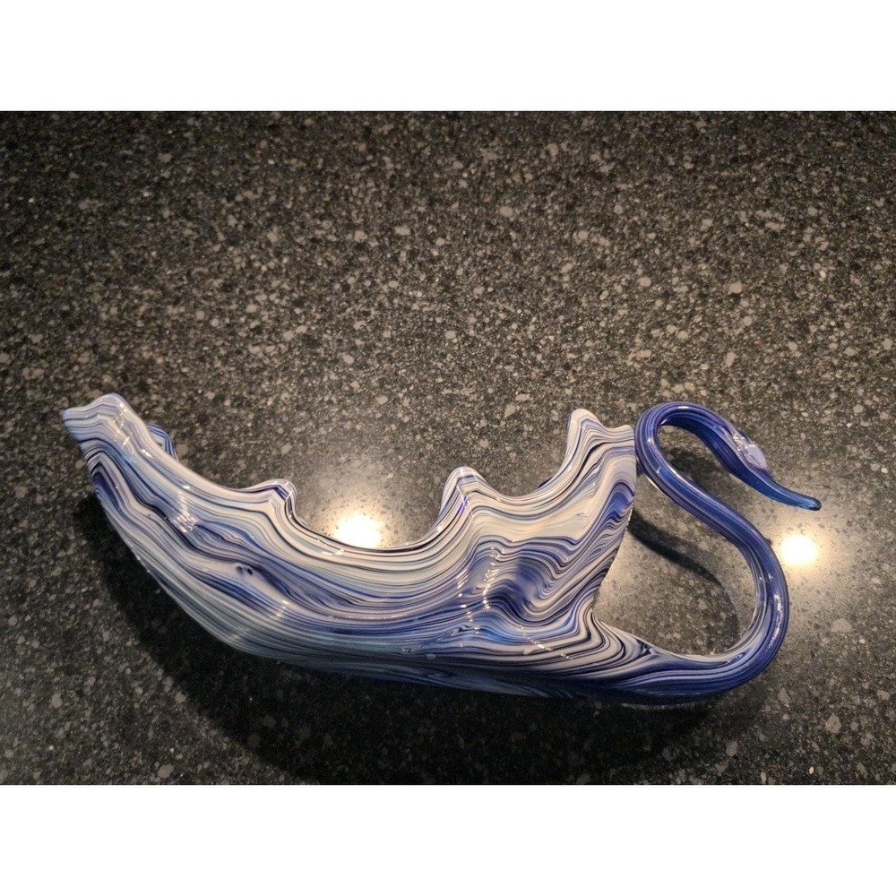 Vtg XL Cobalt Blue White Swril Art Glass Swan Bowl/ 19 x 8 x 5 Long - Picture 6 of 8